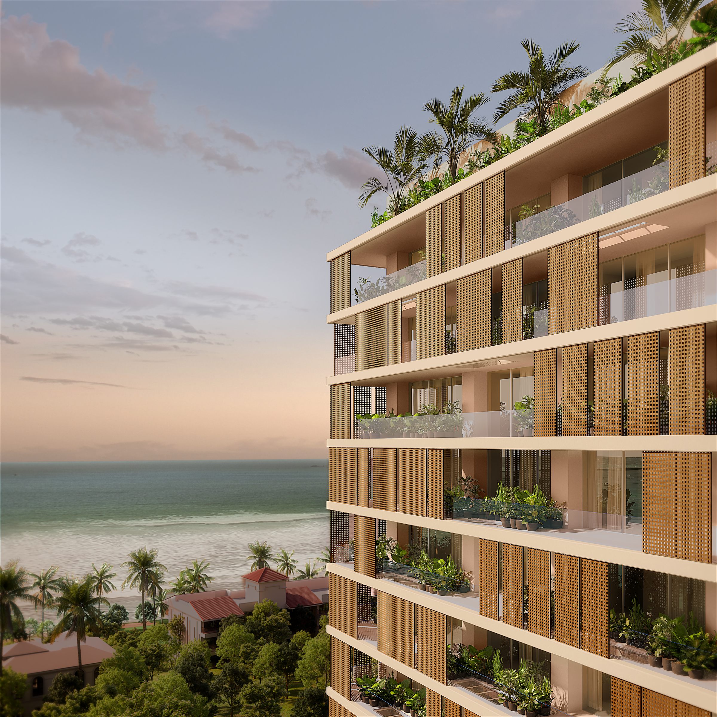 Belvedere seafront residential tower at dusk in Dona Paula, Goa